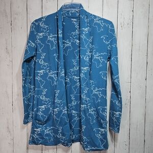 Svaha Women's Blue World Map Cotton Blend Burnout Cardigan Geography Size Medium